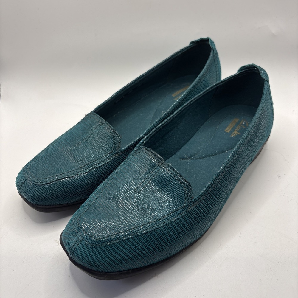 Clarks Bendables Haydn Gloss Leather Loafers Flats Teal Snakeskin Size 6 M